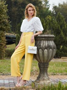 SHEIN X Dr.kholoud 1PC Puff Sleeve Embroidered Mesh Ruffle Trim Top - White - View 7