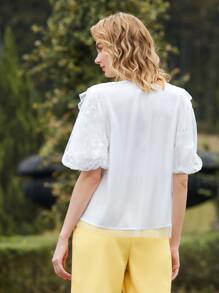 SHEIN X Dr.kholoud 1PC Puff Sleeve Embroidered Mesh Ruffle Trim Top - White - View 8