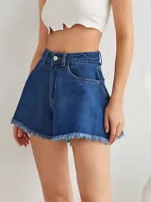 高腰毛邊下擺寬腿牛仔短褲 - 中等水洗藍 - 查看 1