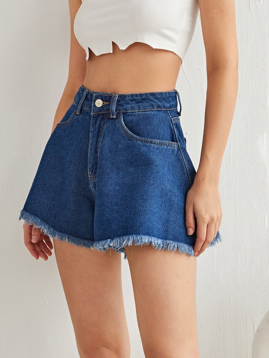 高腰毛邊下擺寬腿牛仔短褲 - 中等水洗藍 - 查看 1