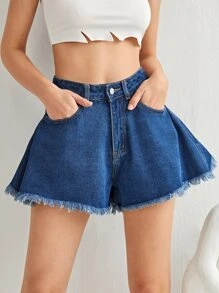 高腰毛邊下擺寬腿牛仔短褲 - 中等水洗藍 - 查看 4