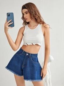 高腰毛邊下擺寬腿牛仔短褲 - 中等水洗藍 - 查看 5