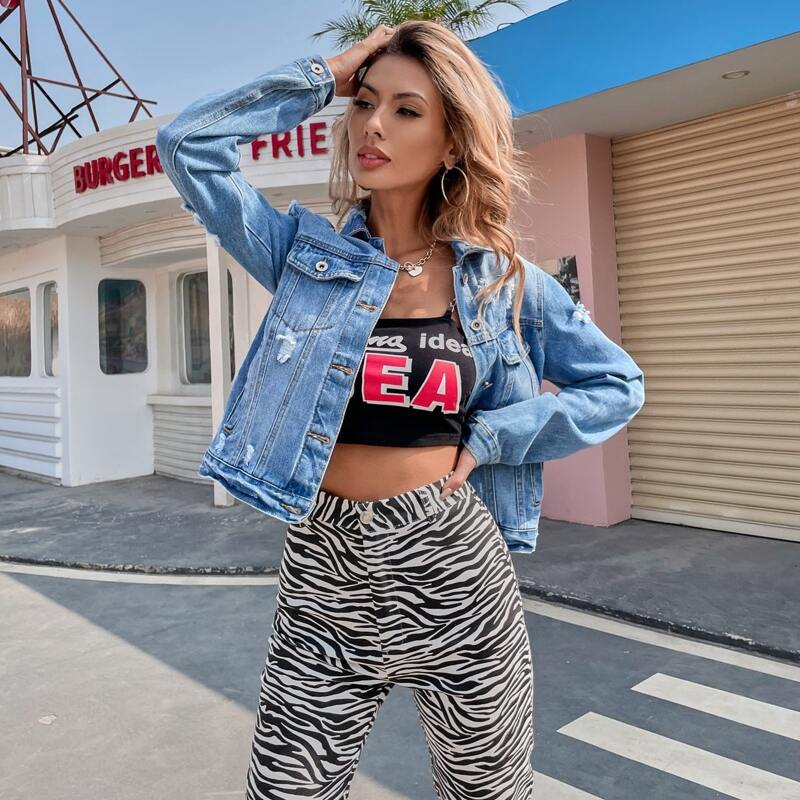 

Ripped Washed Denim Trucker Jacket, Medium wash