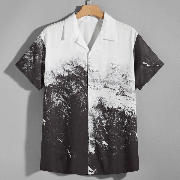 

Men Landscape Print Lapel Collar Shirt, Black and white