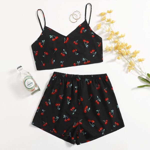 

Cherry Print Tied Backless Cami Top & Shorts Set, Black
