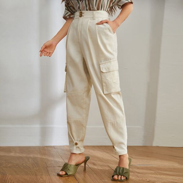 

Zipper Fly Flap Pocket Pants, Beige