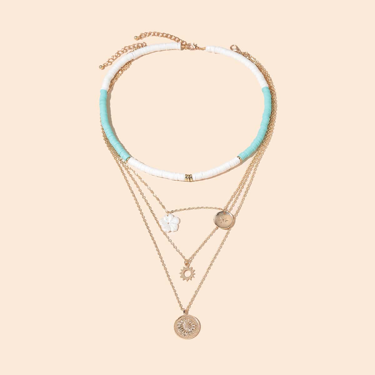 

1pc Round Disc Layered Chain Necklace, Gold