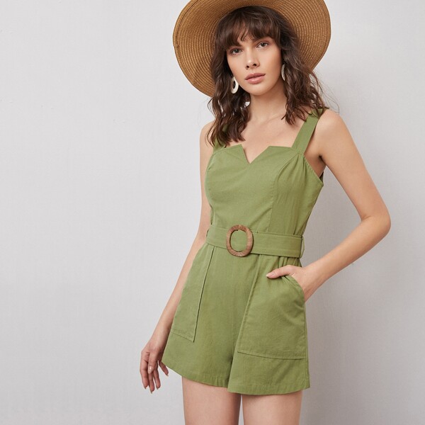 

Patch Pocket O-ring Belted Cami Romper, Olive green