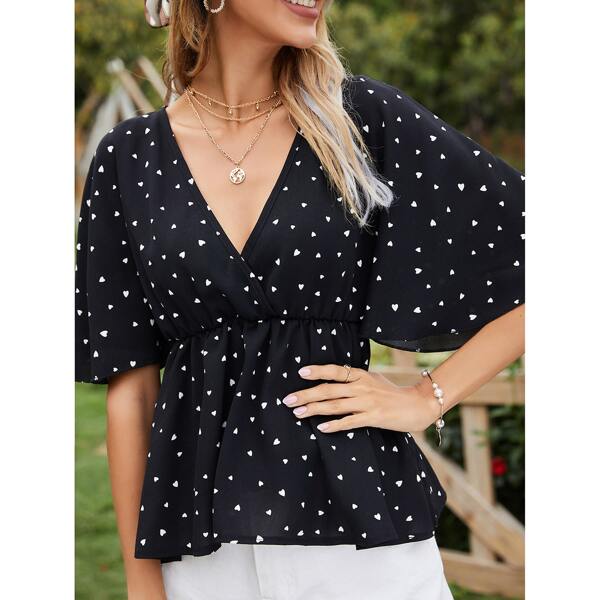 

Heart Print Wrap Smock Blouse, Black