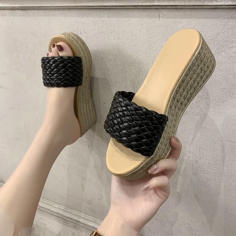 

Braided Wide Band Wedge Mules, Black