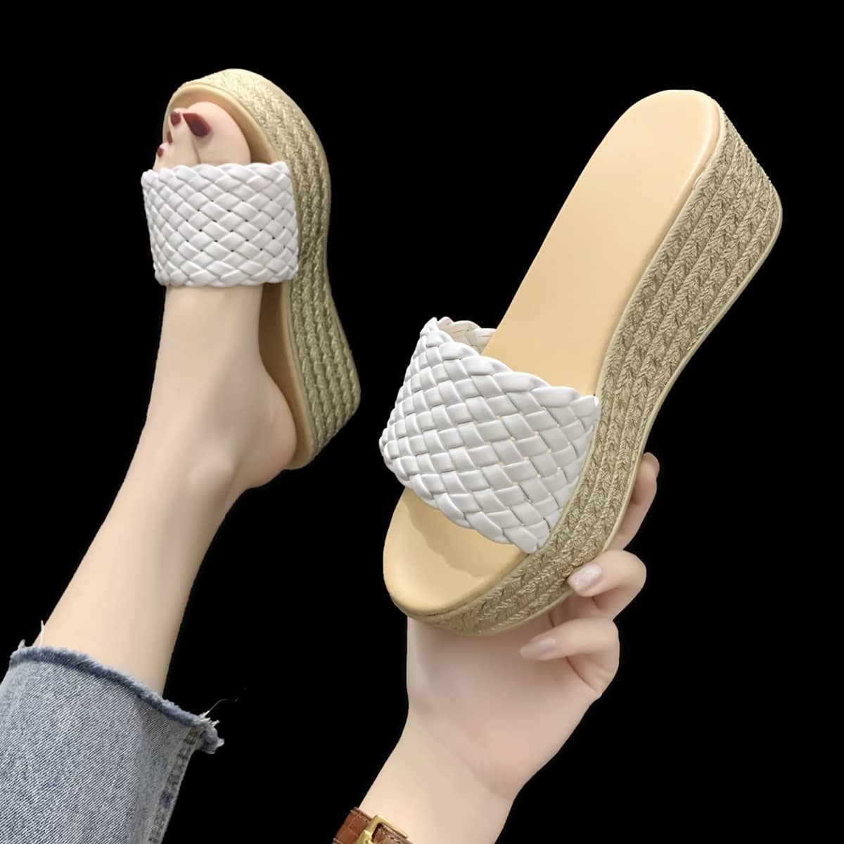 

Braided Wide Band Wedge Mules, White