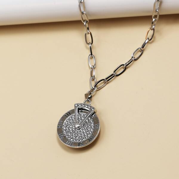 

Men Rhinestone Round Charm Necklace, Silver