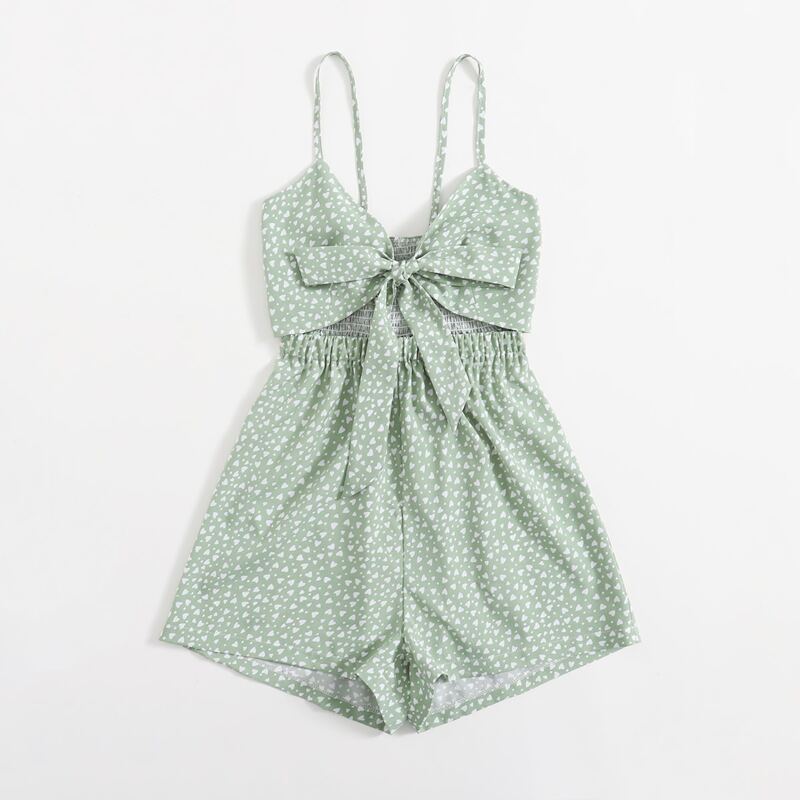 

Heart Print Bow Romper, Mint green