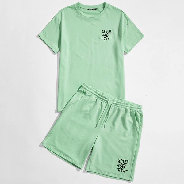 

Men Letter Graphic Tee & Drawstring Waist Shorts Set, Mint green