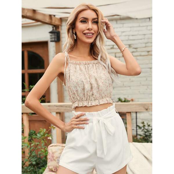 

Frill Trim Ditsy Floral Cami Top, Beige