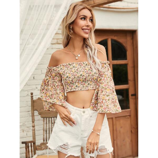 

Ditsy Floral Shirred Crop Bardot Top, Multicolor