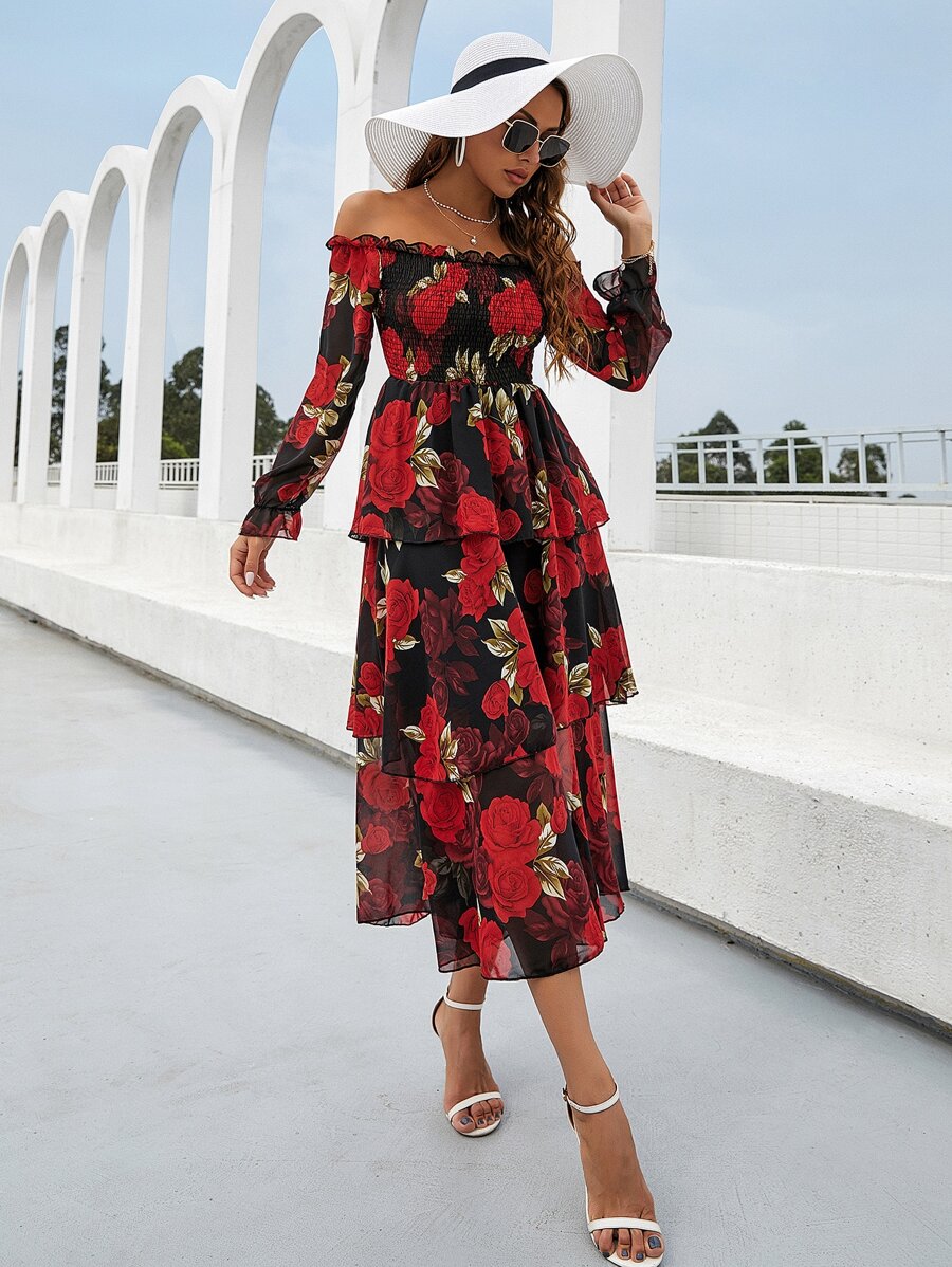 Mulvari 花卉露肩打褶多層連衣裙 - 彩色 - 查看 1