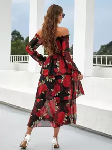 Mulvari 花卉露肩打褶多層連衣裙 - 彩色 - 查看 2