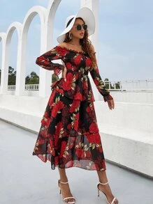 Mulvari 花卉露肩打褶多層連衣裙 - 彩色 - 查看 3