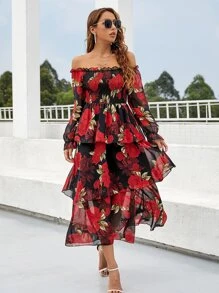 Mulvari 花卉露肩打褶多層連衣裙 - 彩色 - 查看 4