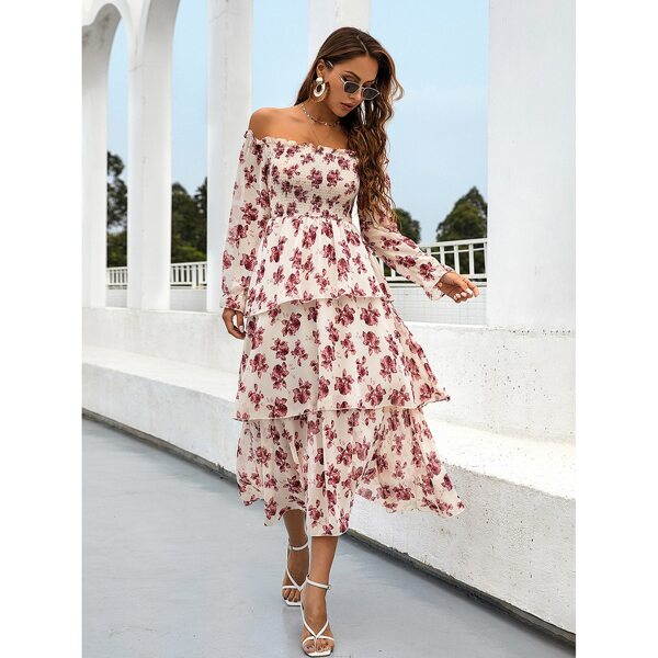 

Floral Bardot Shirred Layered Dress, Multicolor
