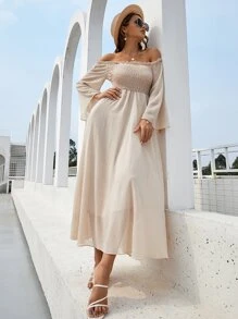 Mulvari Off Shoulder Shirred Bell Sleeve Dress - Apricot - View 1