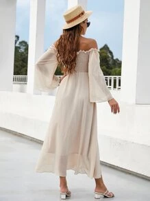 Mulvari Off Shoulder Shirred Bell Sleeve Dress - Apricot - View 2