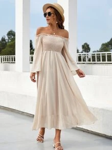 Mulvari Off Shoulder Shirred Bell Sleeve Dress - Apricot - View 3