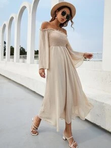 Mulvari Off Shoulder Shirred Bell Sleeve Dress - Apricot - View 5