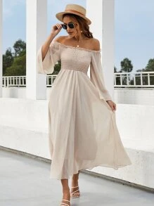 Mulvari Off Shoulder Shirred Bell Sleeve Dress - Apricot - View 6