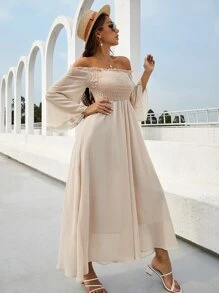 Mulvari Off Shoulder Shirred Bell Sleeve Dress - Apricot - View 7