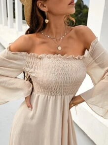 Mulvari Off Shoulder Shirred Bell Sleeve Dress - Apricot - View 8