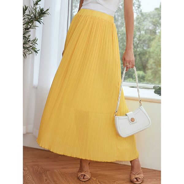 

Elastic Waist Solid Pleated Skirt, Yellow