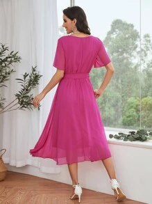 Mulvari Chiffon Keyhole Neck Belted A-line Dress - Hot Pink - View 2