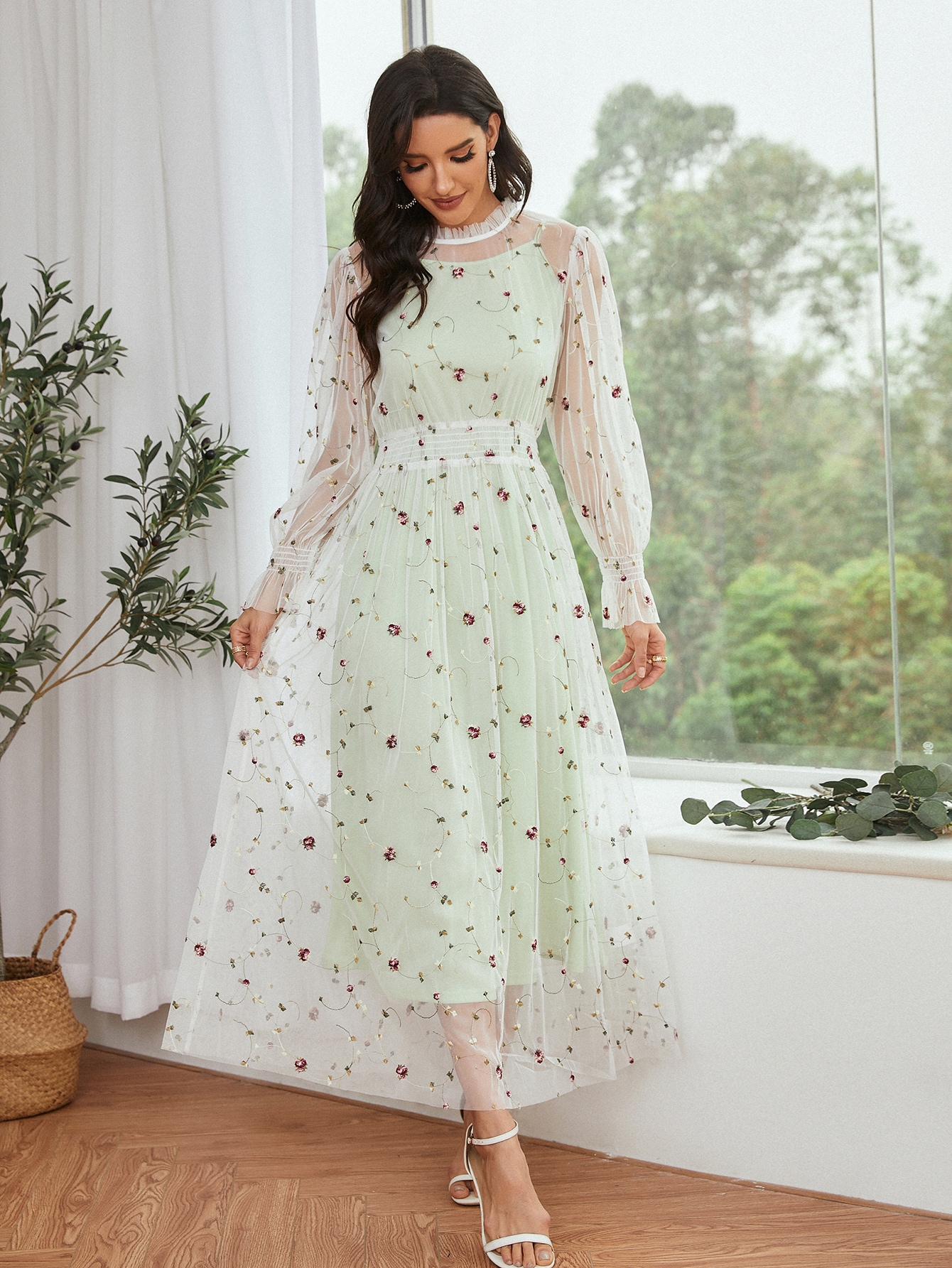 floral mesh overlay dress