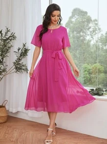 Mulvari Chiffon Keyhole Neck Belted A-line Dress - Hot Pink - View 4