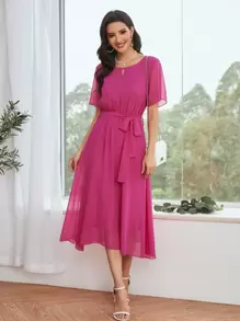 Mulvari Chiffon Keyhole Neck Belted A-line Dress - Hot Pink - View 5
