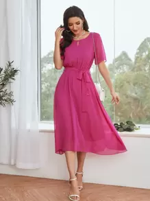 Mulvari Chiffon Keyhole Neck Belted A-line Dress - Hot Pink - View 6