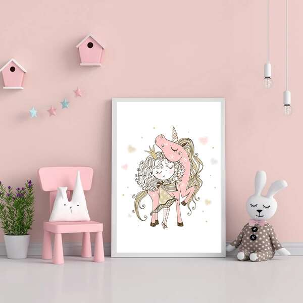 

Cartoon Girl Print Kids Unframed Painting, White