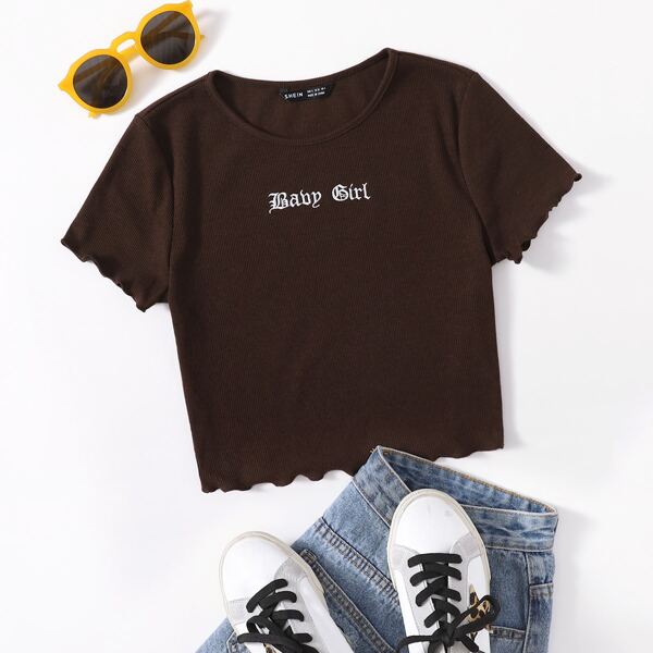 

Letter Embroidery Lettuce Trim Tee, Chocolate brown