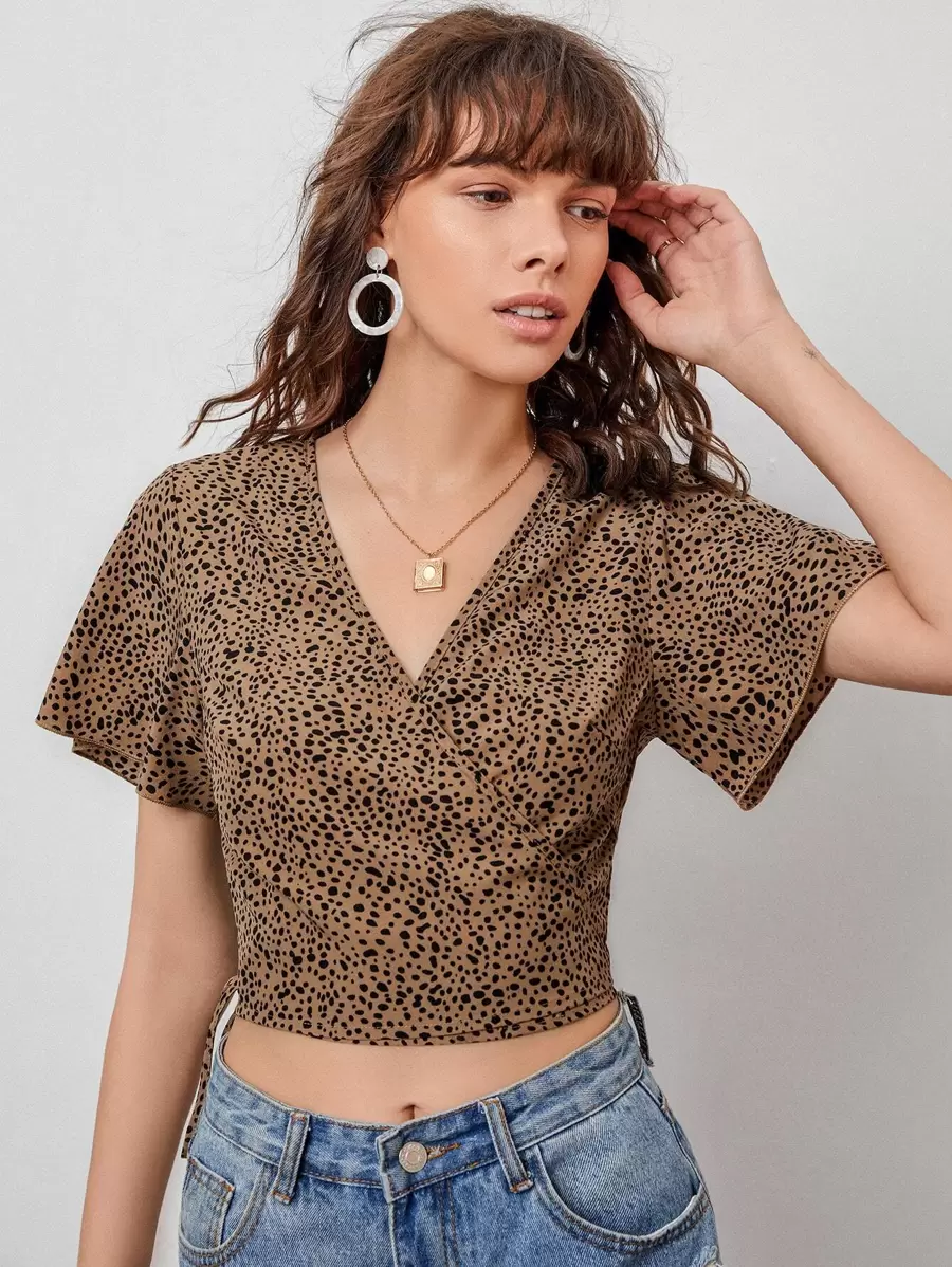 SHEIN VCAY 飛袖繫帶下擺圍裹上衣 - 彩色 - 查看 1