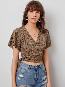 SHEIN VCAY 飛袖繫帶下擺圍裹上衣 - 彩色 - 查看 3