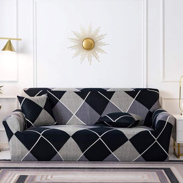

Geometric Pattern Stretchy Sofa Cover & 1pc Cushion Cover Without Filler, Black