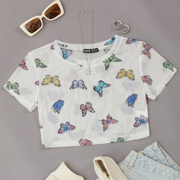 

Butterfly Print Mesh Top, White
