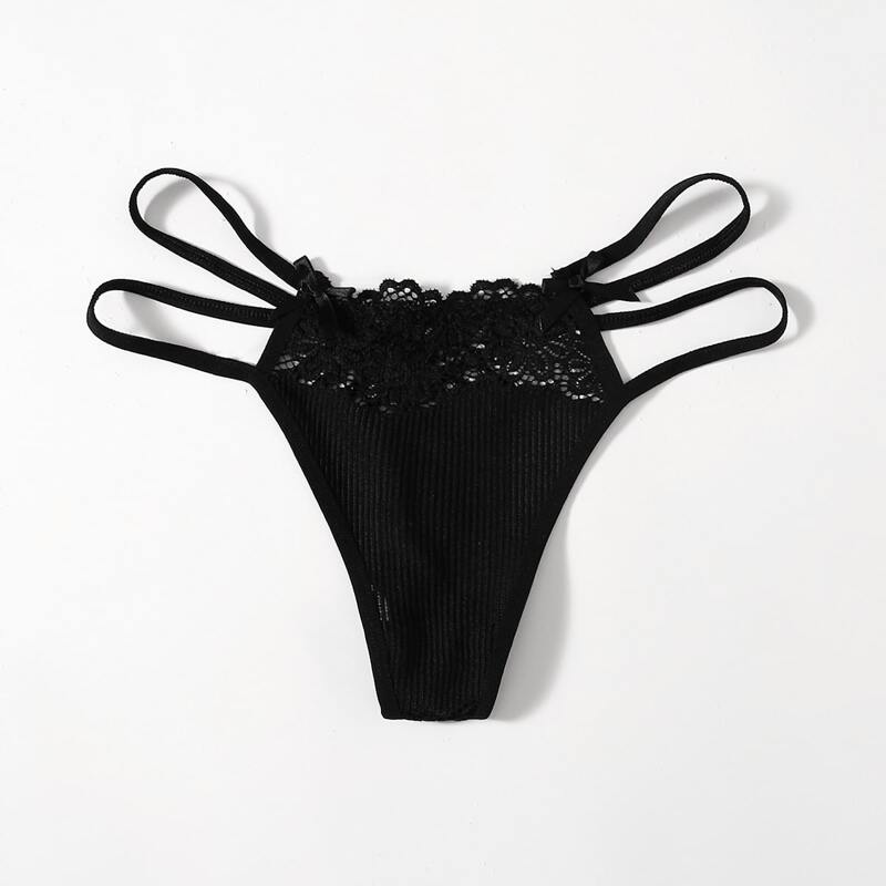 

Contrast Lace Cut-out Thong, Black