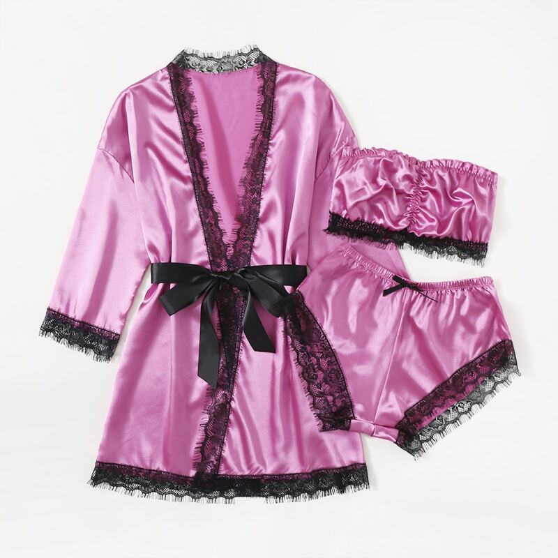 

3pack Lace Trim Satin Lingerie Set & Belted Robe, Purple