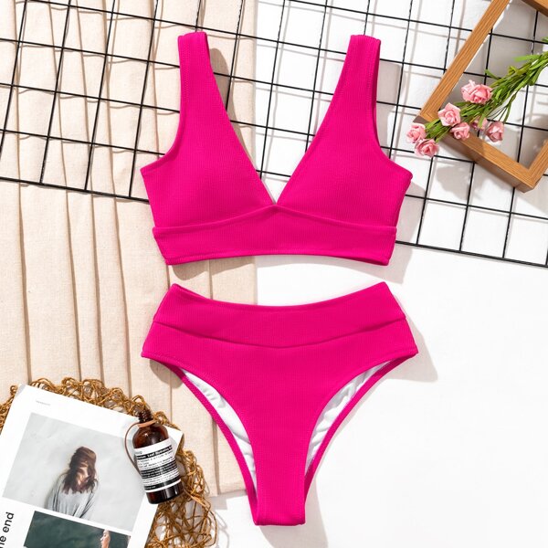 

Rib V Neck High Waisted Bikini Swimsuit, Hot pink