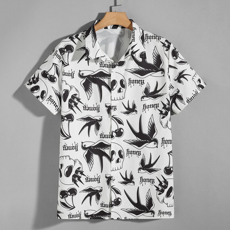 

Guys Letter Skull & Bird Graphic Button Front Shirt, Black and white