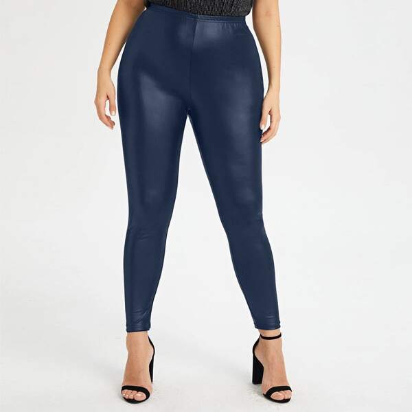 

Plus High Waisted PU Leggings, Navy blue