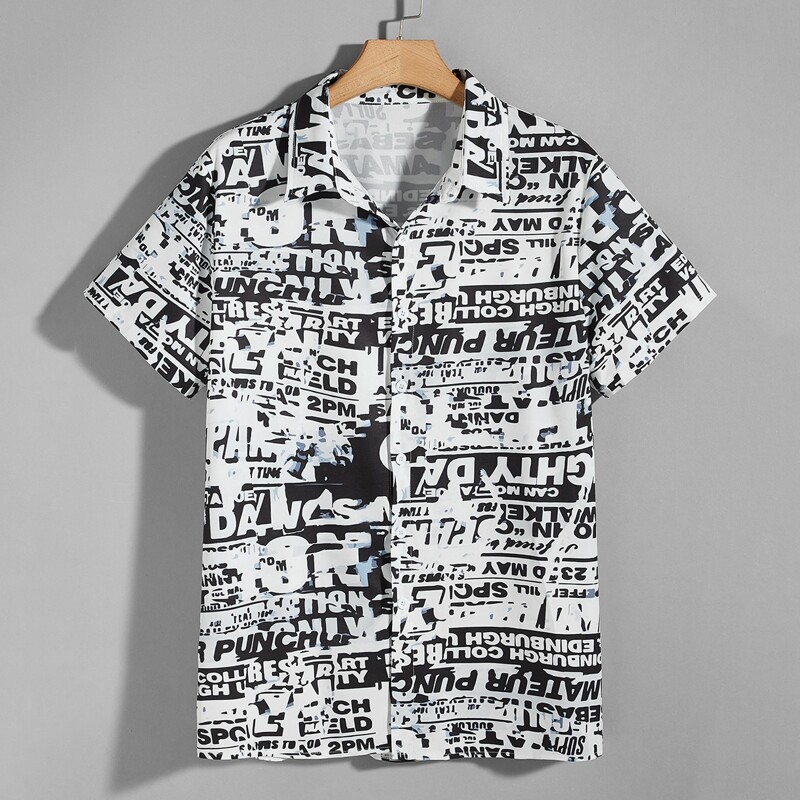 

Guys Letter Print Button Front Shirt, Black and white